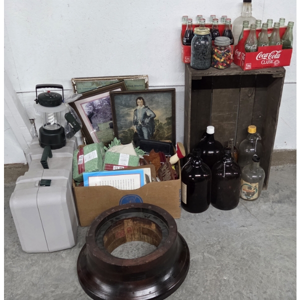 Electric Portable Lantern, Vintage Bottle Collection, Framed Art, New Mop Heads, Wood Crate & More