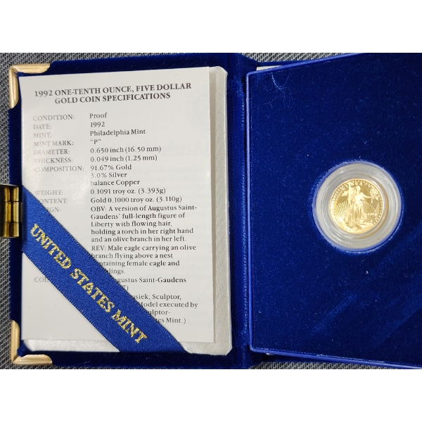 1992 One Tenth Ounce PROOF $5 American Eagle Gold Bullion Coin - 1/10th OZ OF GOLD!