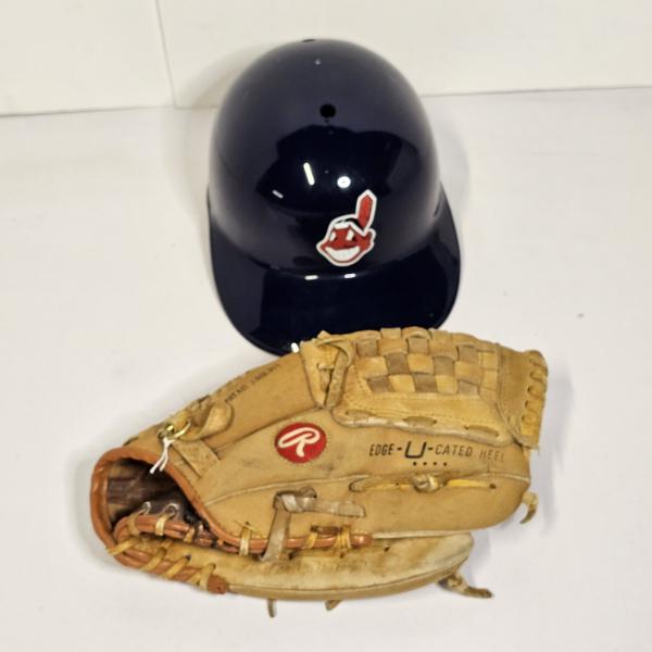 Collection of 2 Vintage Baseball Memorabilia and Gear ft. Chief Wahoo Helmet and Vintage Glove