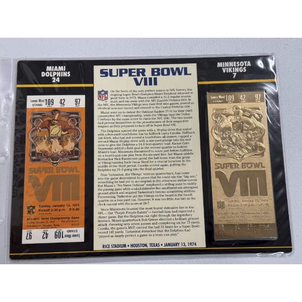 Authentic 1974 Super Bowl VIII NFL Football Ticket & 24K Gold Plated Ticket - Mint Condition