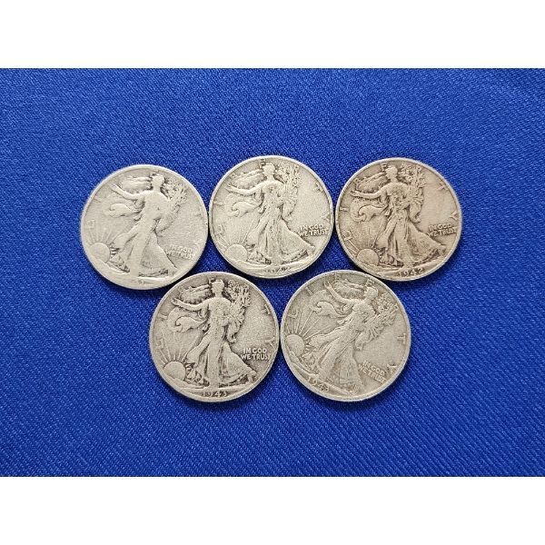 x5 90% Silver Walking Liberty Half Dollars: 1941, 1942, 1942, 1943, 1943 FV: $2.50
