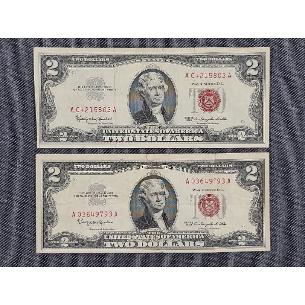Lot of Two 1963 $2 Red Seal Federal Reserve Notes 