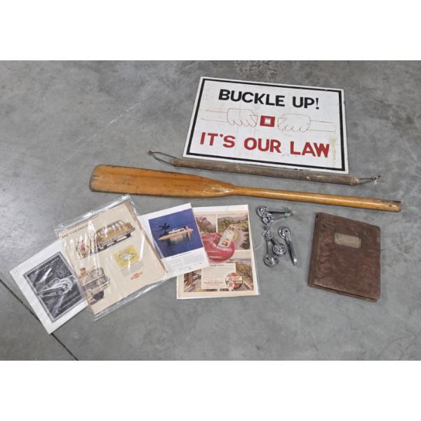 Vintage Collectables Including Wood Oar, Wood Buckle Up Sign, Window Cranks & More- No Shipping