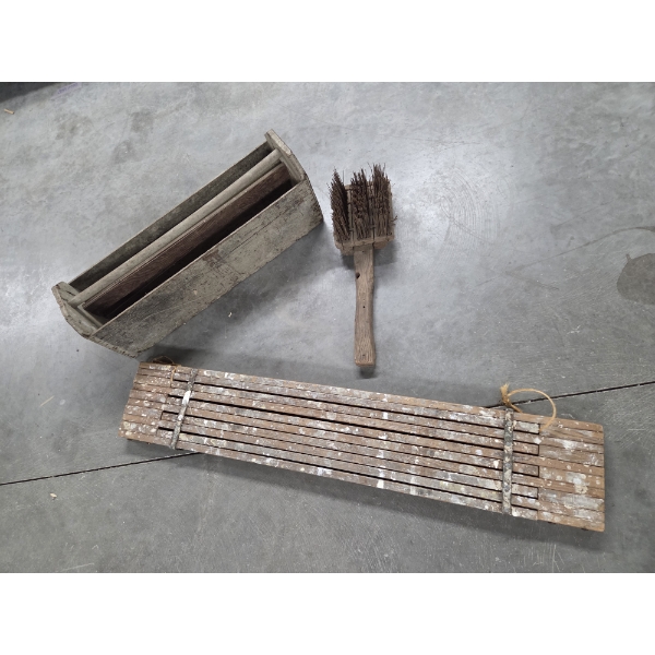 Vintage Collectable Items Including 4' To 7' Painters Plank, 30''x9'' Wood Caddy, & 24'' Wood/Wire B