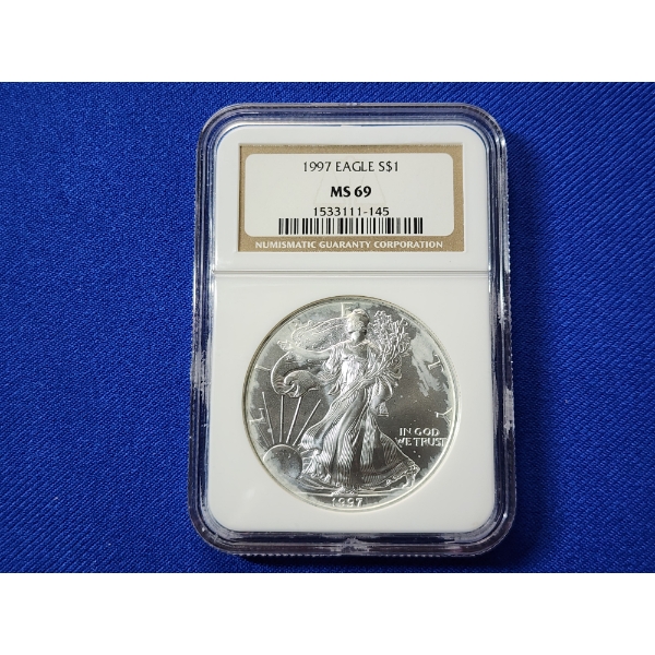 1997 $1 American Siver Eagle 1 oz Fine Silver Graded by NGC MS 69
