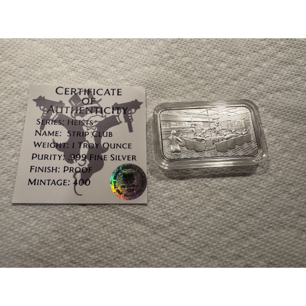 Rare Monopoly Man Strip Club Heist .999 Fine Ounce Silver Bar - Mint Condition