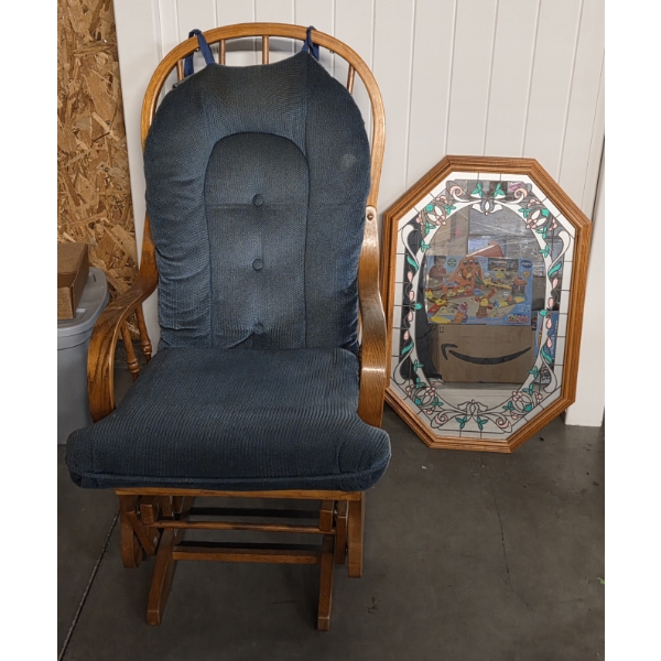  Padded Wood Rocking Chair & Decorative Wall Mirror