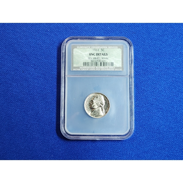 1961 Jefferson Nickel NCS UNC Details - Rev Wheel Mark