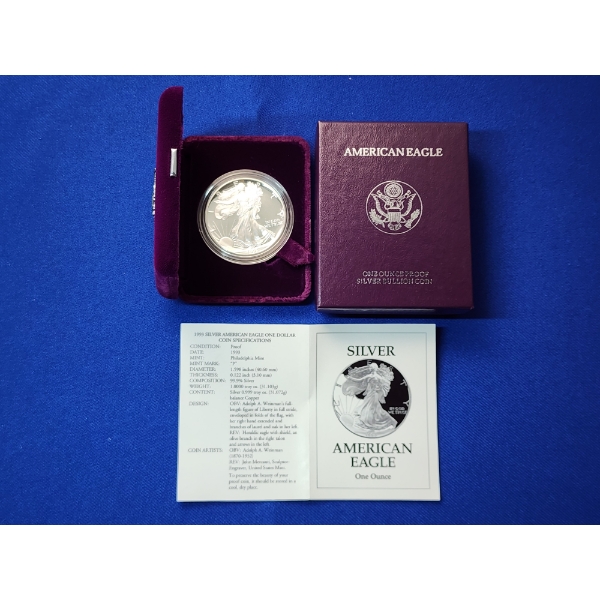 1993 Silver American Eagle $1 Proof - 1 Troy Ounce 99.9% Silver w/ Original Box & COA