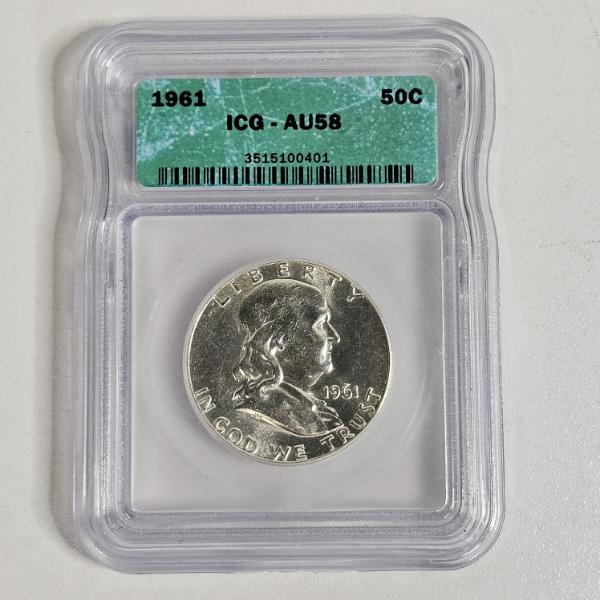 1961 90% Silver Franklin Half Dollar, graded AU58 by the third-party grading service ICG