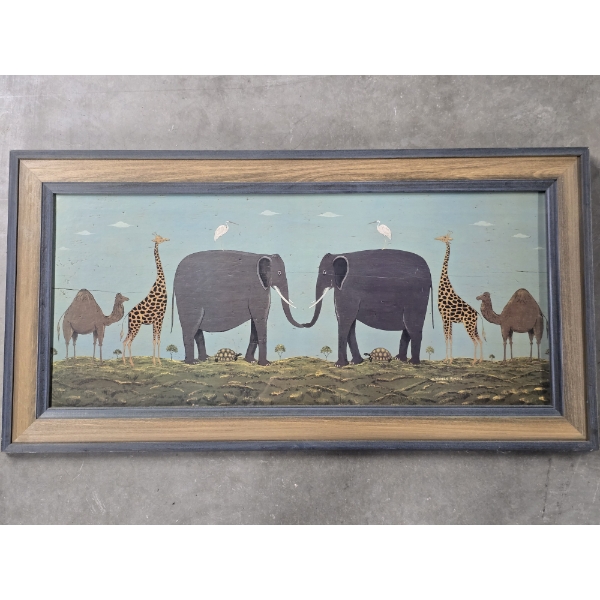 Acrylic on Wood Glass Framed African Art Elephants, Giraffes & Camels 39.5"x20.5"