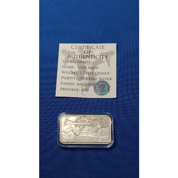 Limited Edition Pit Bullion 1 Troy Ounce .999 Fine Silver Bar With Antique Finish- "Gun Shop"