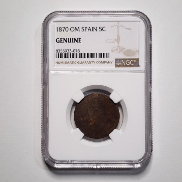 NGC GENUINE 1870 OM Spain 5C Coin ~ Beautiful Reverse!