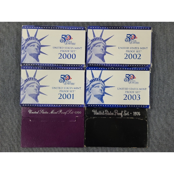 Lot of Six Assorted United States Mint Proof Sets - 1976, 1990, 2000, 2001, 2002 & 2003