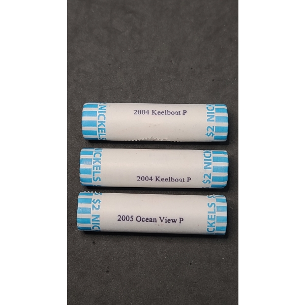 $2 Sealed Rolls Of 2004-P Keelboat & 2005-P Ocean View Uncirculated US Westward Journey Nickels