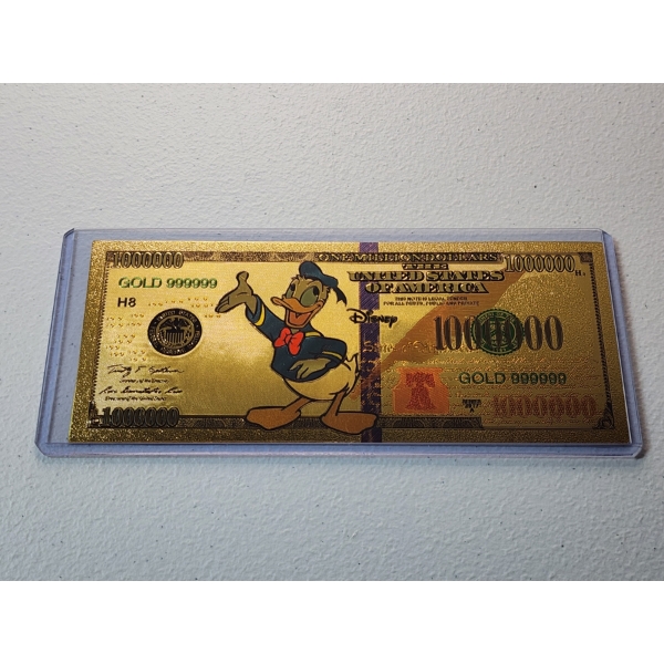 Rare Disney Donald Duck Gold Foil .999999 - 24K Gold Note In Protective Holder - Mint Condition