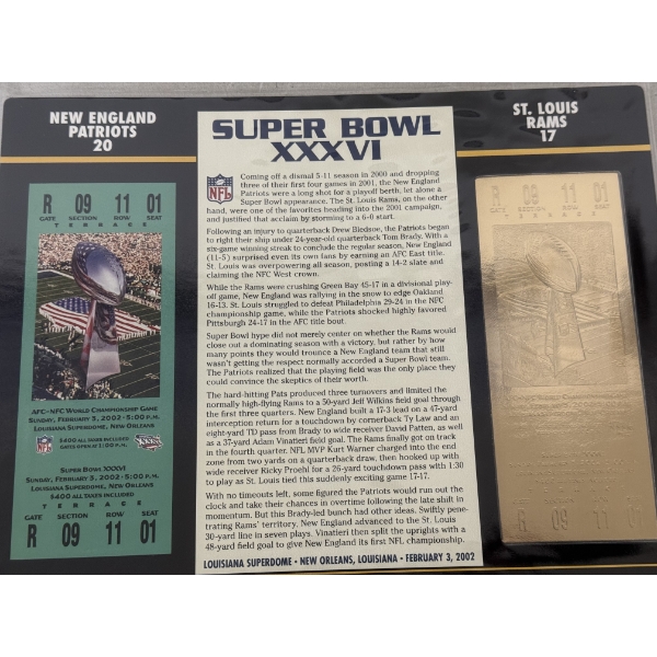Authentic 2002 Super Bowl XXXVI NFL Football Ticket & 24K Gold Plated Ticket - Mint Condition