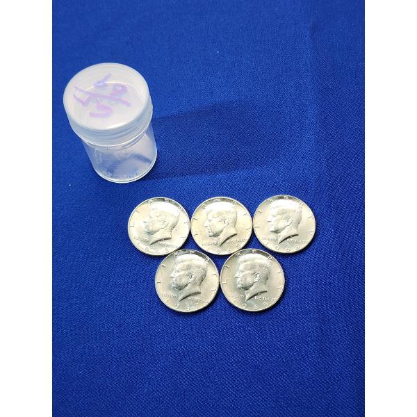 x5 Assorted Years Kennedy Half Dollars 40% Silver FV: $2.50 and Coin Tube