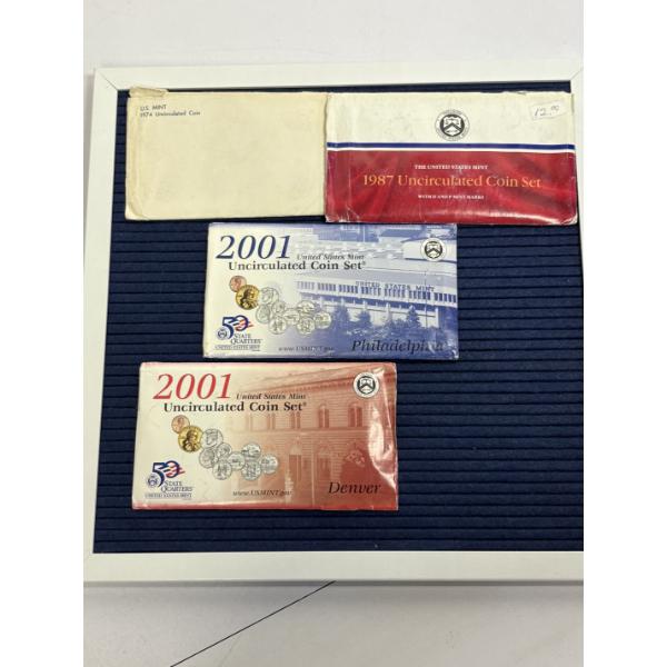 4 Uncirculated Coin Sets - U.S. Mint - FV $9.56 - 2001 (2) - 1974 & 1987 -Includes Quarters 