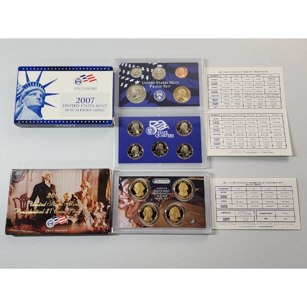 2007 U.S. Mint Proof Set: 10-Coin Proof Set and 4-Coin Presidential $1 Coin Set