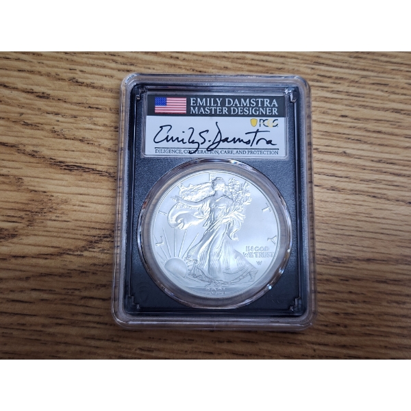 2021-W PCGS SP70 Burnished Silver Eagle T-2 - Damstra Signed - 1 oz .999 Fine Silver 