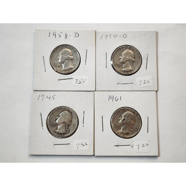 Four 90% Silver U.S. Washington Quarters 1958-D, 1954-D, 1945, 1961 FV: $1.00
