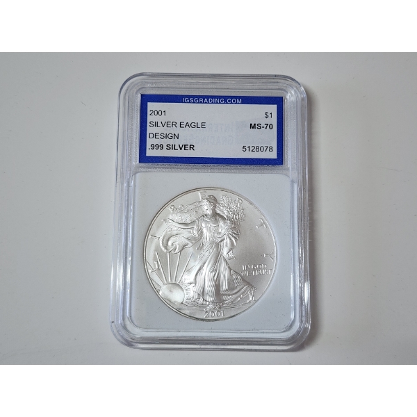 IGS Graded MS70 2001 American Silver Eagle 1 oz .999 Fine Silver