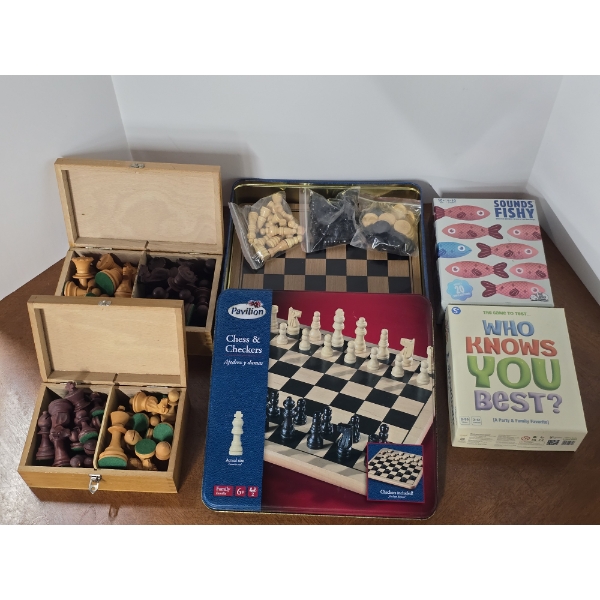 Chess/Checkers Set Plus 2 Card Games and 2 Sets of Wooden Chess Piece Sets