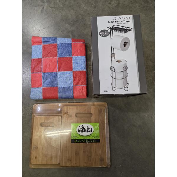 All New! 3 Bamboo Cutting Board Set, Plaid Table Cover, & Toilet Tissue Tower