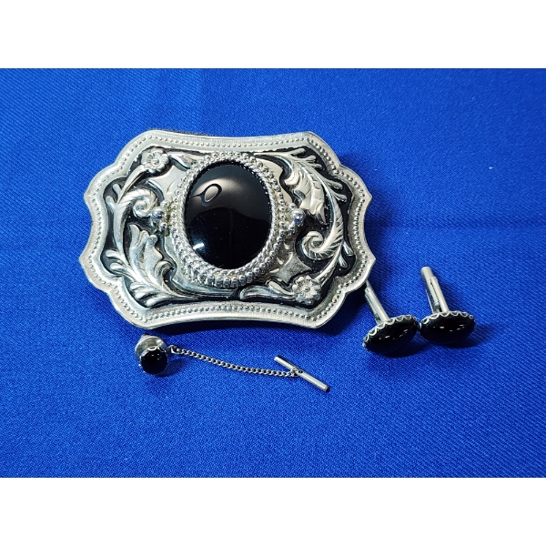 Silver-Tone and Onyx Belt Buckle, Cufflinks, and Tie Tack