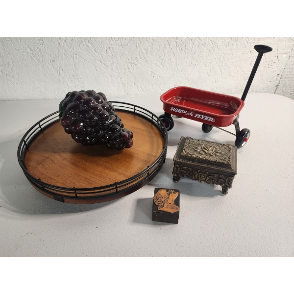Decorative Wood Circular Tray, Small Wagon, Rose Jewelry Box, Glass Grapes, Eagle Letterpress