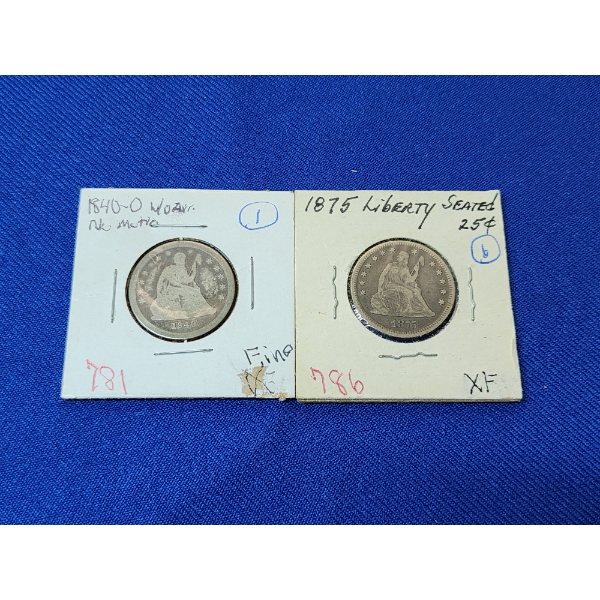 2 RARE U.S. Silver Seated Liberty Quarters: 1840-O Variety 1 NO MOTTO and 1875 Variety 4
