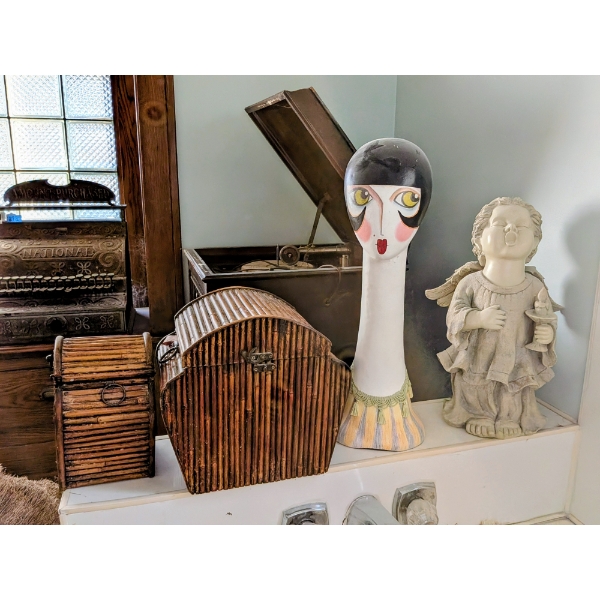 Angel Statue, Unique Head Statue And Two Wooden Baskets