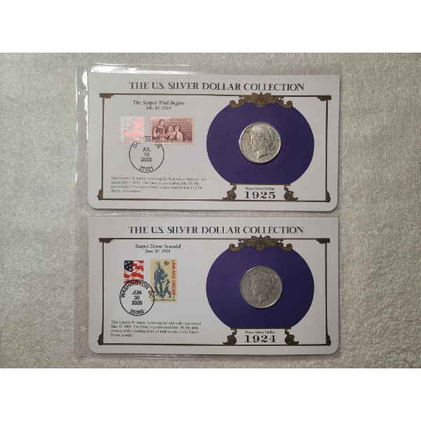 Two U.S. Silver Peace Dollars & Stamps in Display Cards & Protective Binder Page - 1924 & 1925