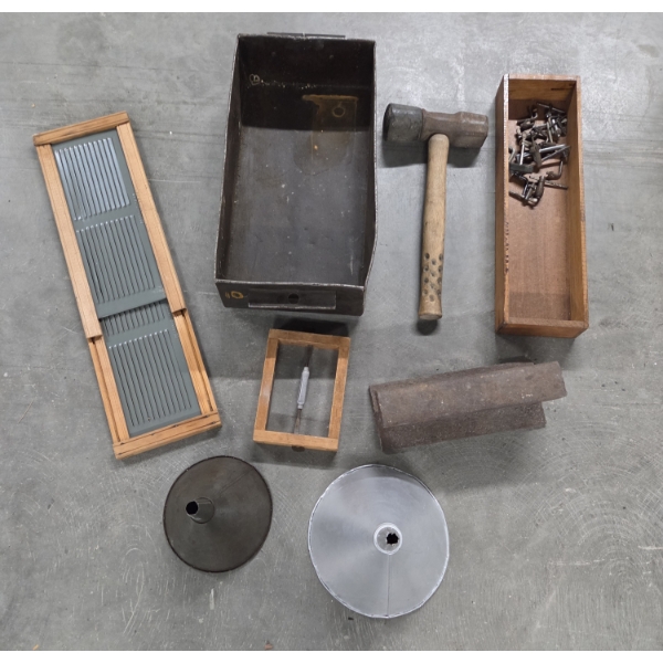 Vintage Collectables Including Rail Road Track Anvil, Tire Hammer, Chuck Key Collection & More