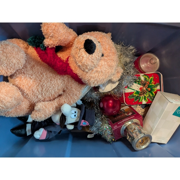 Tote Of Mostly New Holiday Items, Including Stuffed Bear, Candles, Reindeer, & More!