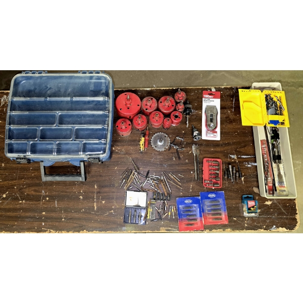 Assorted Drill Bits, Screw Bits, Hole Saws and More with Rubbermaid Drill and Drill Bit Case