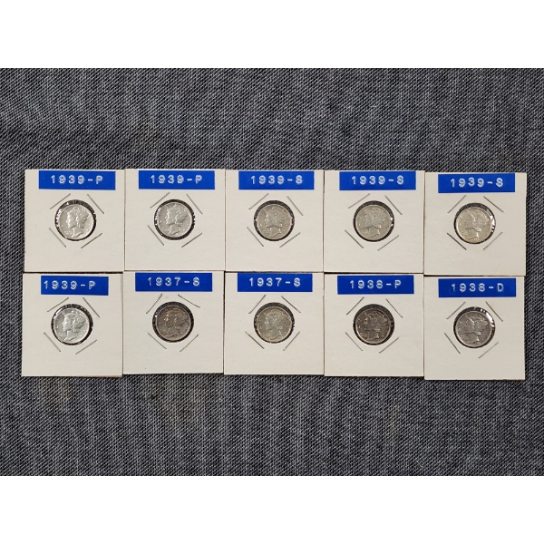Ten Assorted Silver Mercury Dimes in Great Condition in Sleeves - $1.00 Face Value