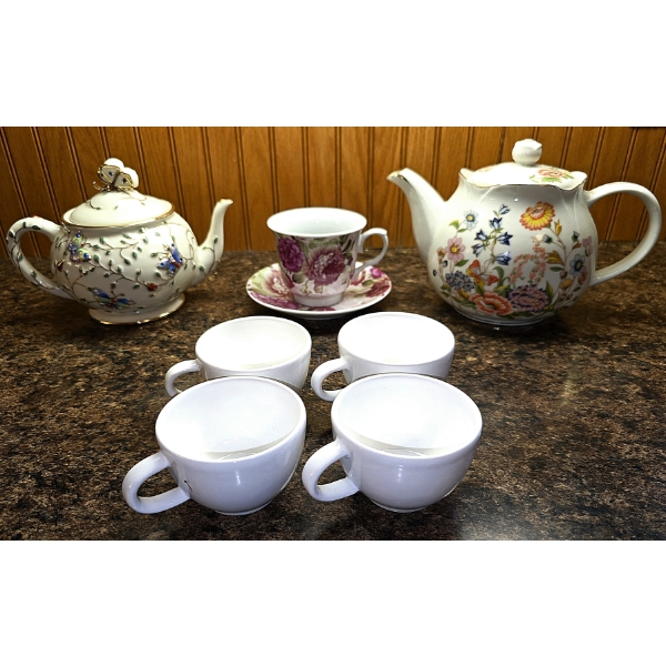 2 Tea Pots, 1 Demi Tasse Set and 4 Small Tea Cups