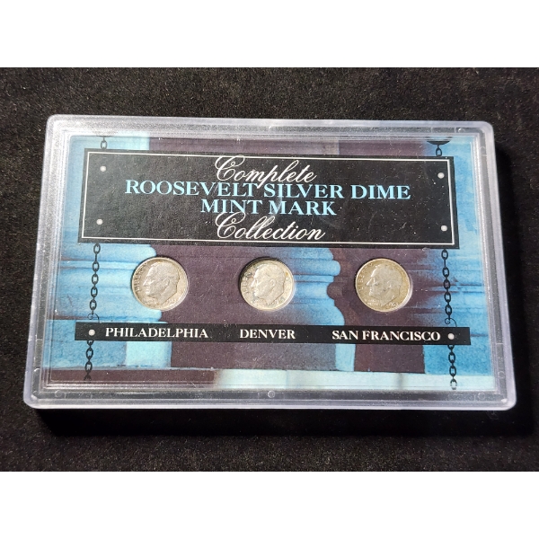 Complete Roosevelt Silver Dime Mint Mark Acrylic Display - Three Silver Dimes From Assorted Mints 