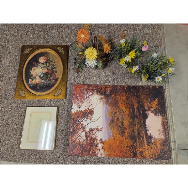 *Pick Up At Mantua Home-No Shipping Available* Faux Flower Decor & 3 Piece Wall Art Collection 