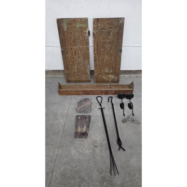 Unique Vintage Collectables Including Wood Farmhouse Cupboard Doors, Chicken Feeder, Heavy Stone Dec