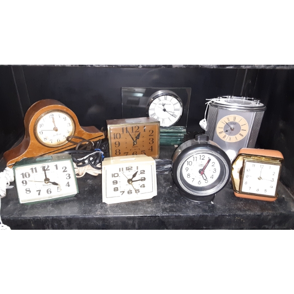 Vintage 8 Pc Alarm & Travel Clock Group As Shown - See Pics - Nice Variety Here