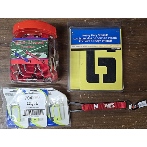 Lot of Heavy Duty Stencils, 5 Packs of 3 Keyring Tags and 24 Maryland Terps Carabiner Key Chains