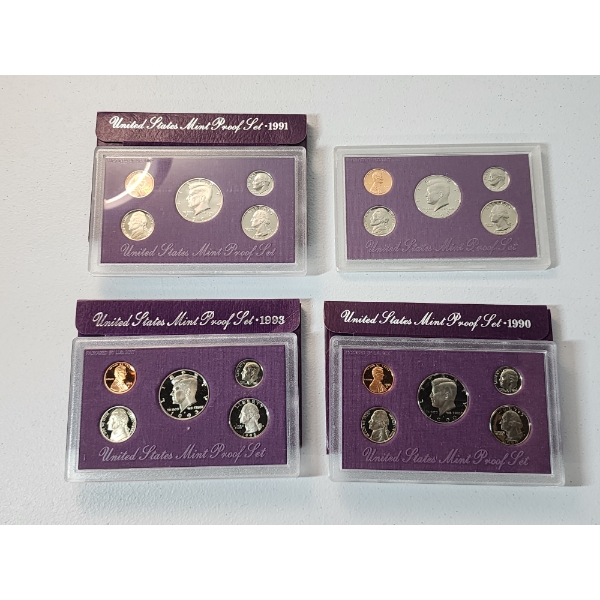 x4 United States Proof Sets: 1991, 1993, 1990, 1990 In Original Packaging