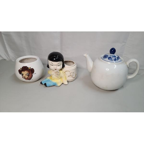 Vintage Asian Girl Flower Pot By Joan Lea Creations, Borden Milk Co Creamer Dish & Vintage Teapot