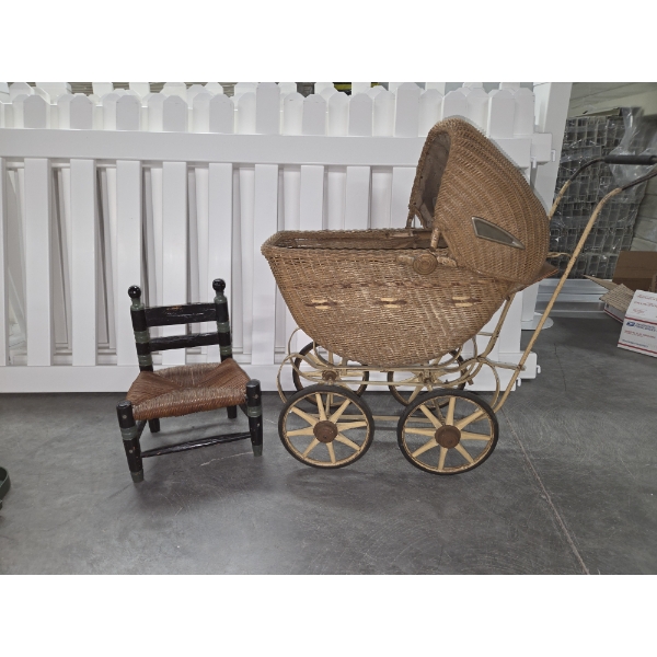 Vintage Wicker Childs Doll Carriage And Small Wicker Doll Chair