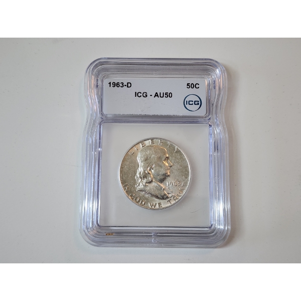 ICG GRADED AU50 1963-D 90% Silver Franklin Half Dollar 