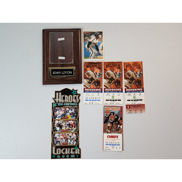 Kenny Lofton Baseball Card and Display, Browns Tickets, Heros of Football Stickers