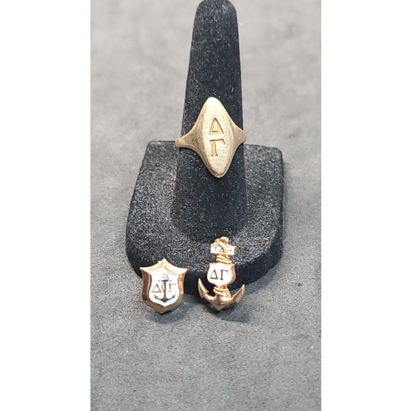 10K Gold Delta Gamma Sorority Pins & Ring - Size 6 - Total Weight: 9.2g